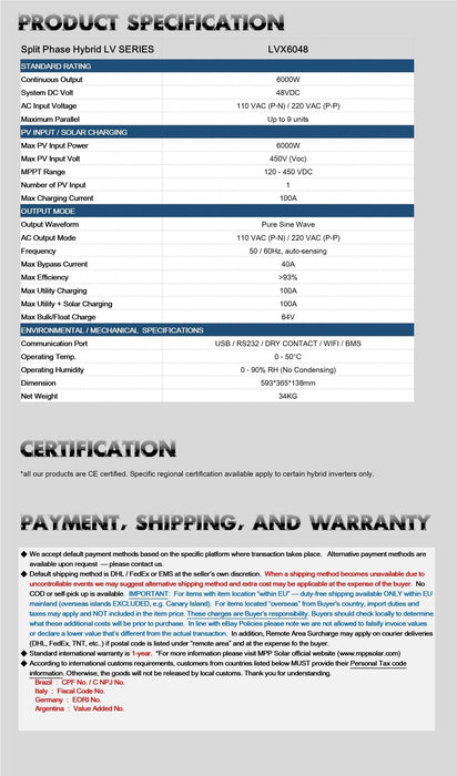 MPP Solar LVX6048 Hybrid Solar Inverter Split Phase 120V/240V Output | 2-Year Warranty - ShopSolarKits.com