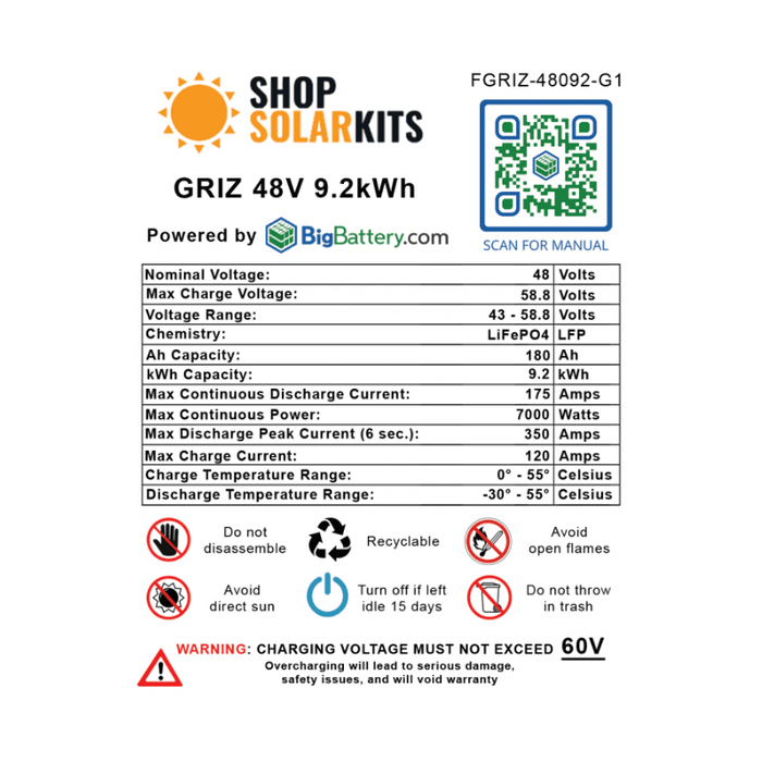 GRIZ 48V 9.2kWh Lithium Battery | 9,200wH / 180Ah 48V Lithium Battery | [Discontinued] - ShopSolar.com