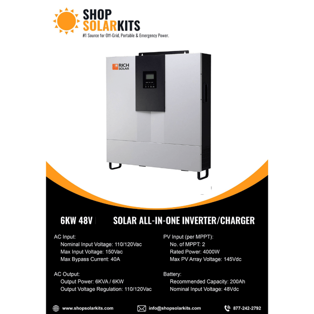 Rich Solar 6,000W 48V All-in-One Solar Inverter / Charger | Split Phase 120V/240V - MPPT Input + Grid Utility Charger [6048] - ShopSolar.com