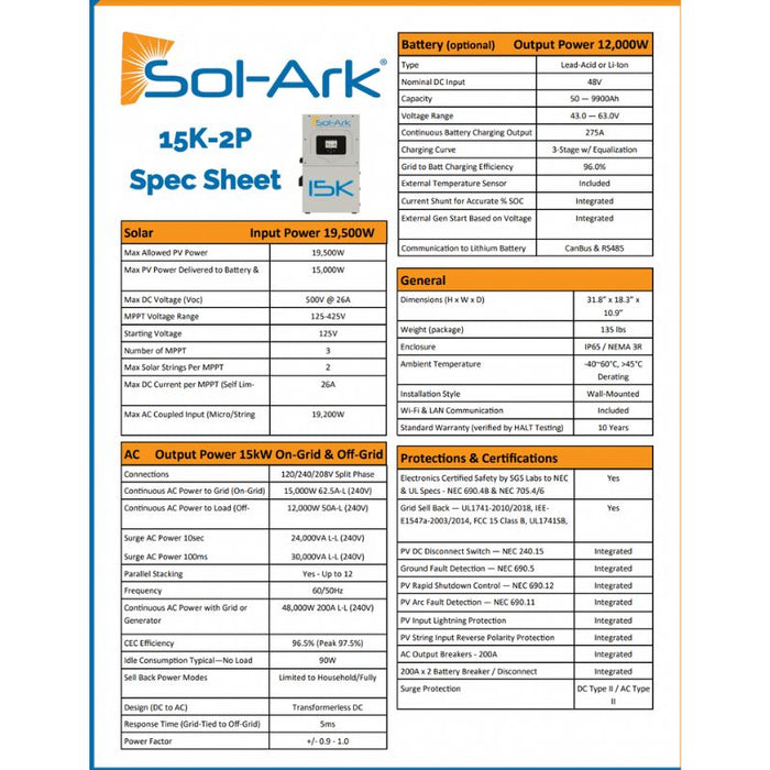 SOL-ARK 15K-2P, Limitless 15K-LV Inverter