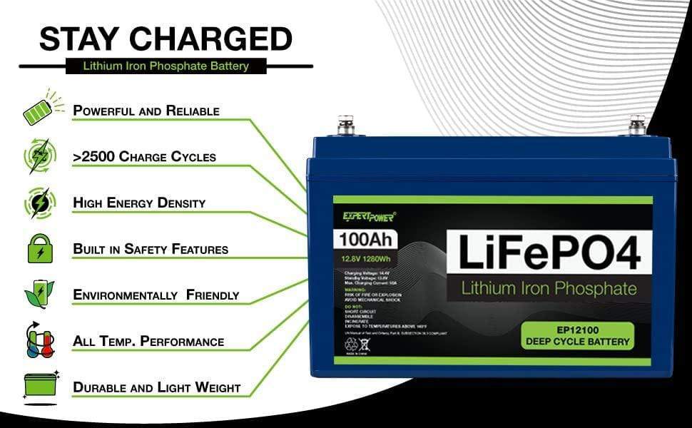 ExpertPower 12V 100Ah Lithium LiFePO4 Deep Cycle Rechargeable Battery | 2500-7000 Life Cycles | Built-in BMS + Free Shipping - Shop Solar Kits