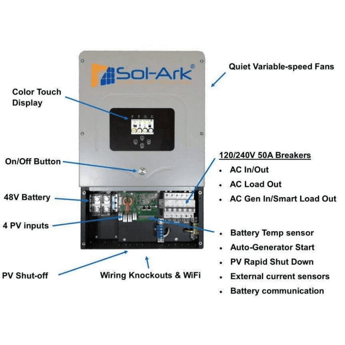 Sol-Ark 12K 120/240/208V 48V [All-In-One] Pre-Wired Hybrid Solar Inverter | 10-Year Warranty - ShopSolarKits.com